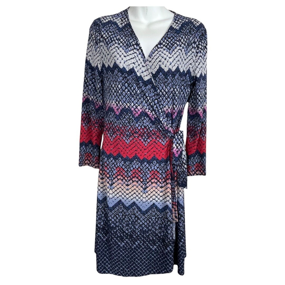BCBGMaxazria Size M Blue Red White Wrap Dress Long Sleeve Jersey
